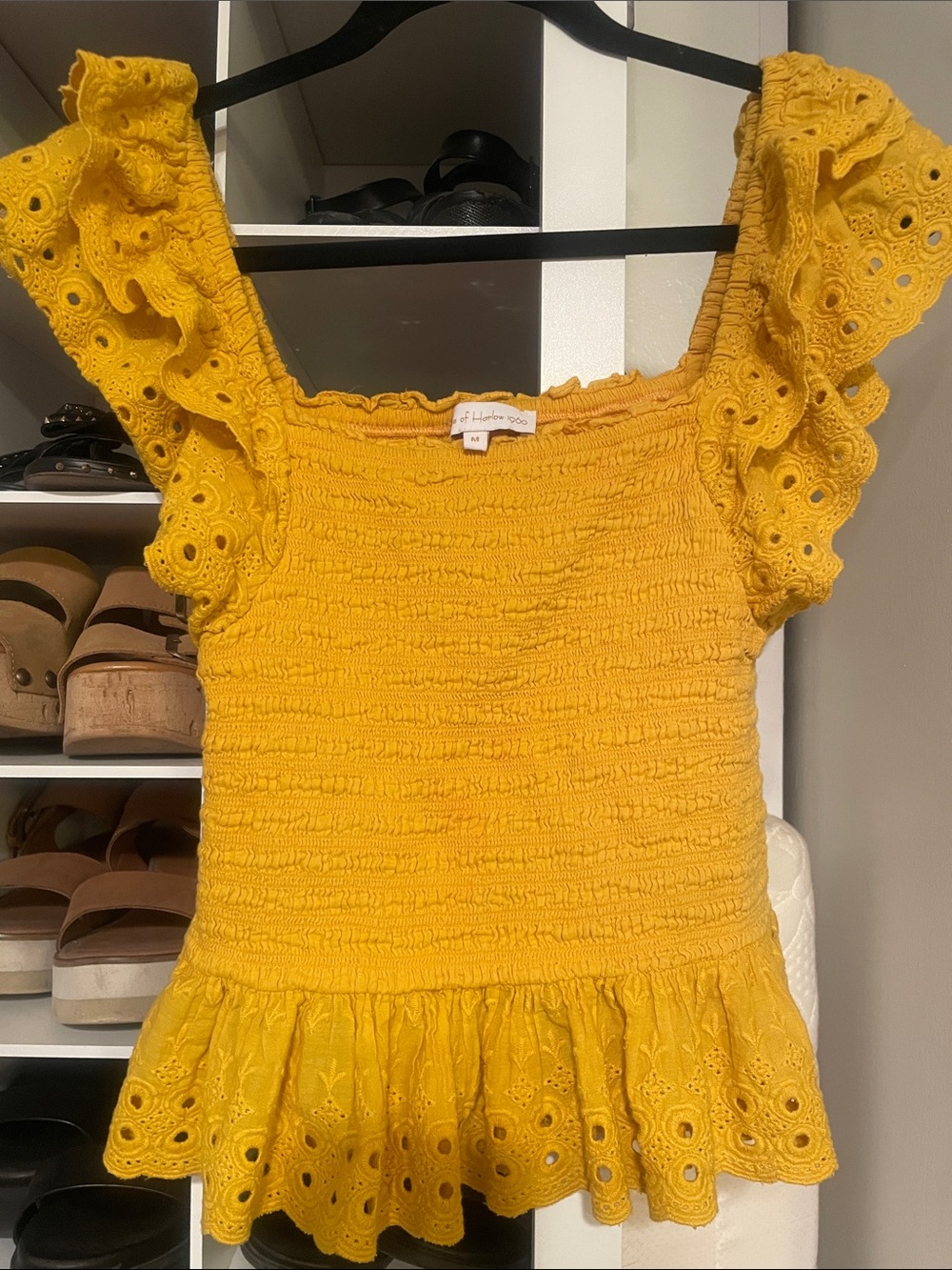 House of Harlow 1960 Yellow Smocked Eyelet Ruffle Top